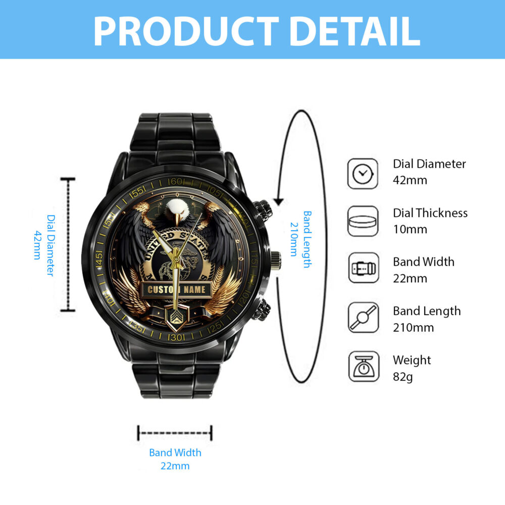 US Marine Corps, E 3 Marines Lance Corporal - Black Stainless Steel Watch - Image 5