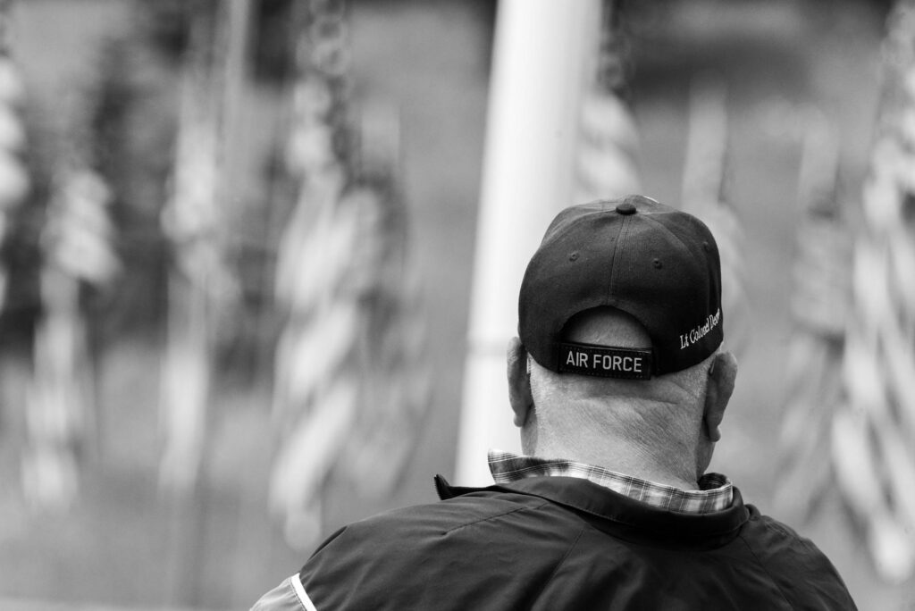 Close-up of air force veteran cap worn by veteran