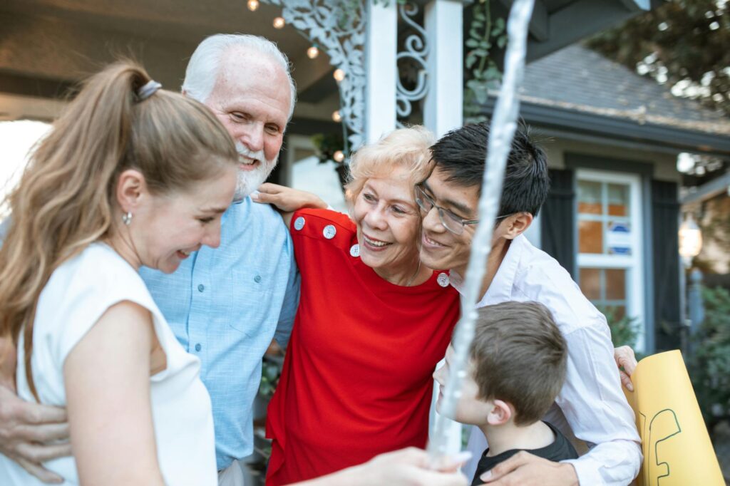 Mother wearing patriotic t-shirt with veteran family at gathering