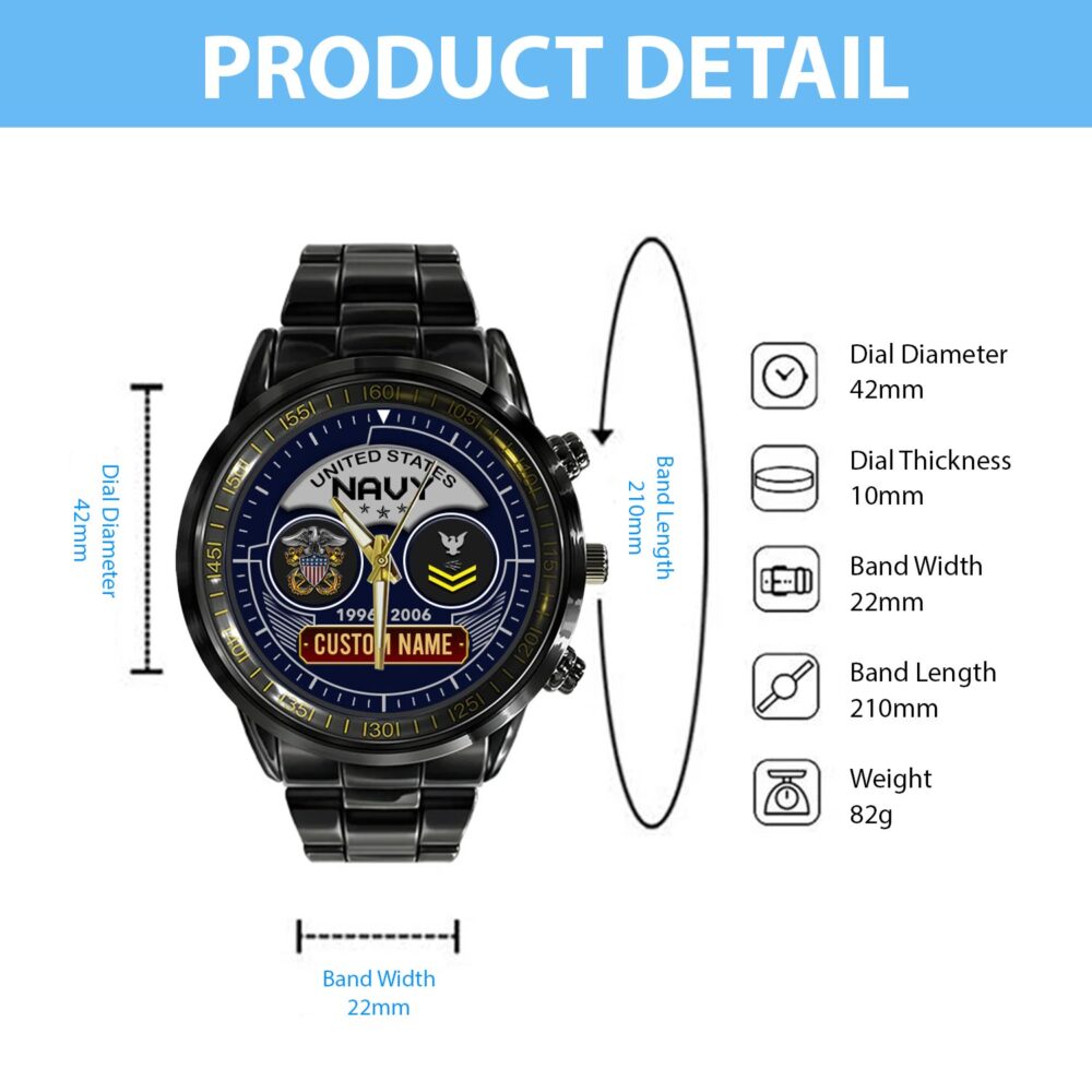 US Navy, Proud Veteran - Black Stainless Steel Watch - Image 4