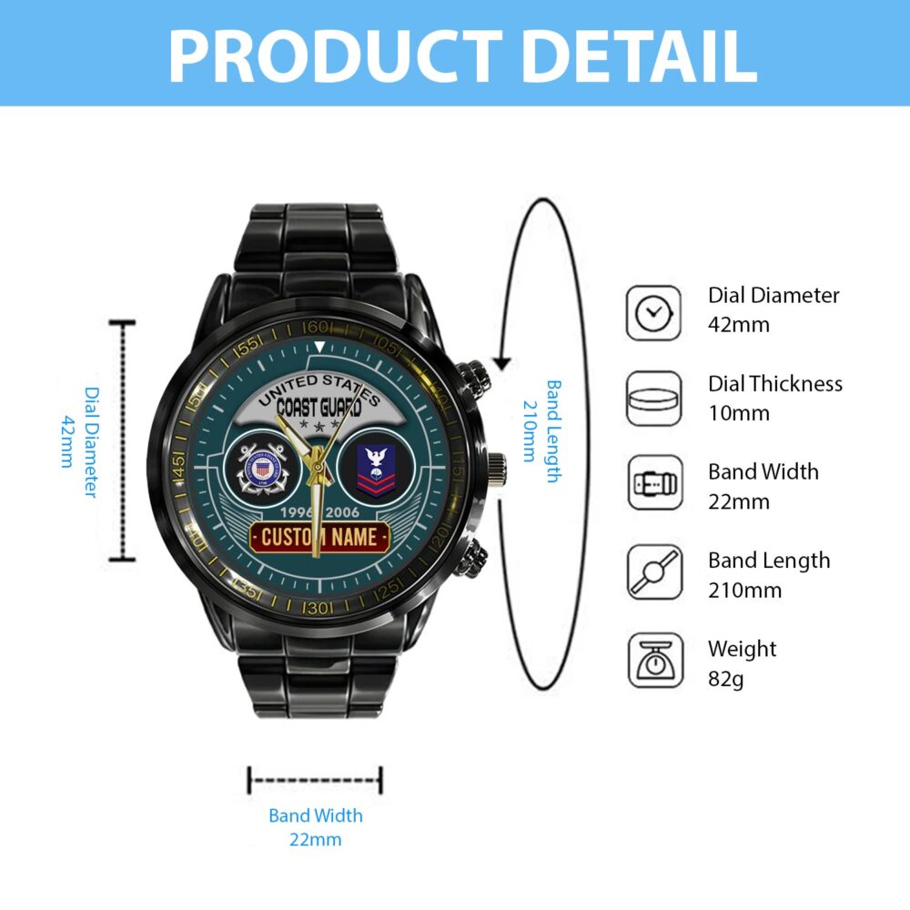 US Coast Guard, Remember - Honor - Respect - Black Stainless Steel Watch - Image 5