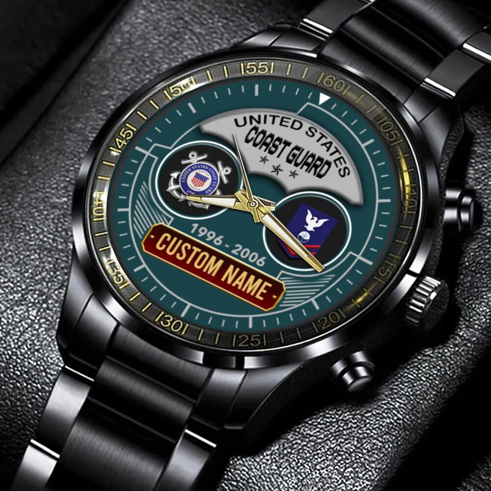 US Coast Guard, Remember - Honor - Respect - Black Stainless Steel Watch - Image 2